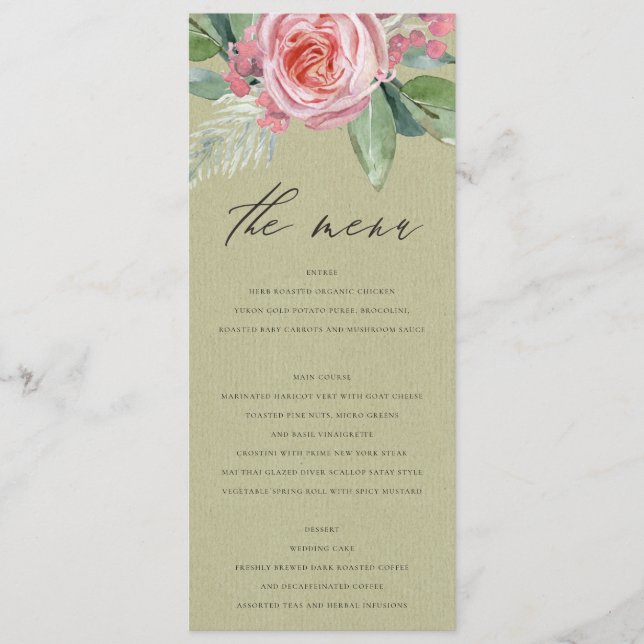 MENU FOLIAGE VERT EN FLEURS ROSES EN COULEUR D'EAU (Devant)