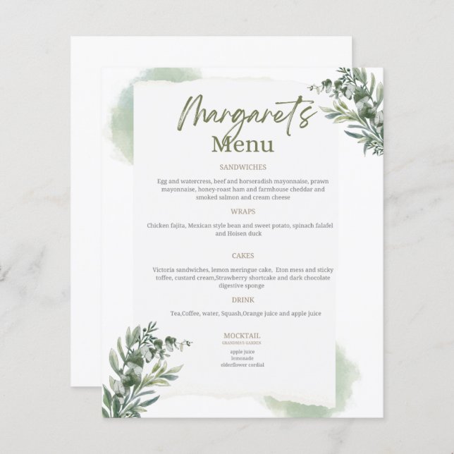 Menu for weddings and birthdays (Front/Back)