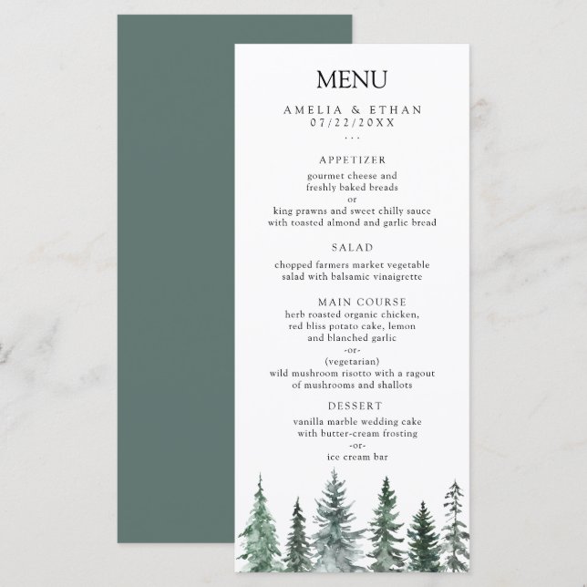 Menu Forest Wintre Watercolor Wedding (Devant / Derrière)