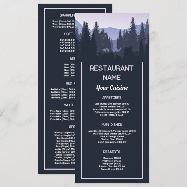 Menu Forêt Bleue, Restaurant Slimline (Devant / Derrière)