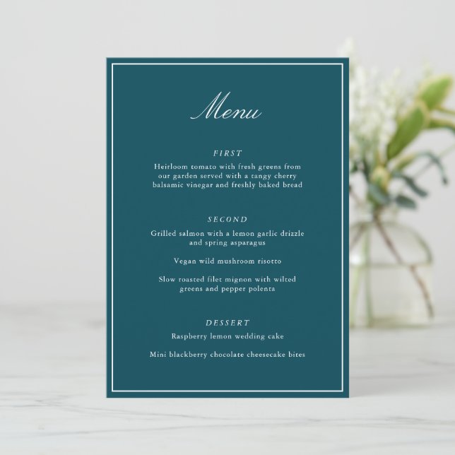 Menu Formal Classic Border Teal Script Elegant Wedding (Debout devant)