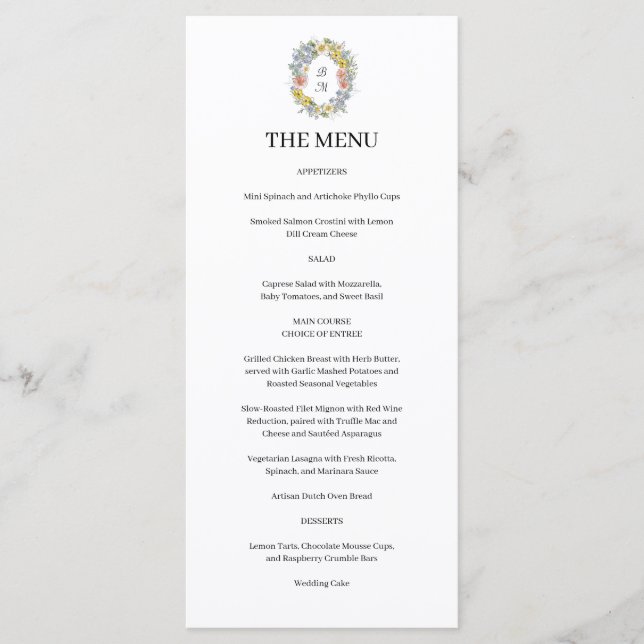 Menu Formal Floral Crest Monogram Wedding  (Devant)