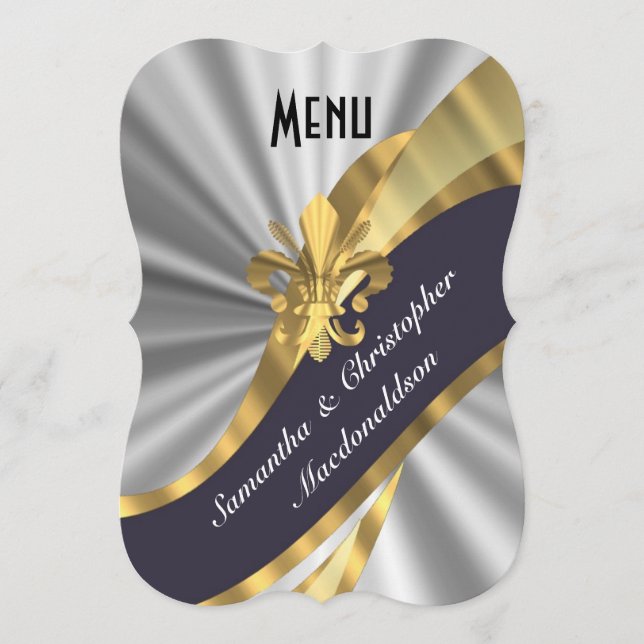 Menu formel élégant de mariage d'argent et d'or (Devant)