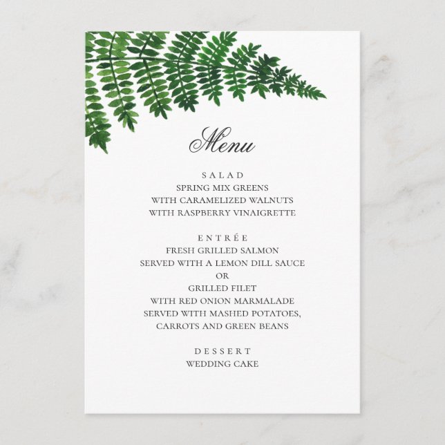 Menu fougère aquarelle. Mariage de bois. Botanique (Devant)