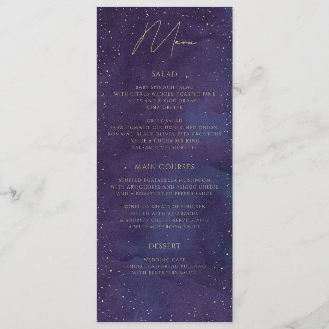Menu Galaxy Celestial Starry Nuit violet Mariage or (Devant)