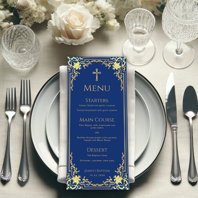 Menu Garçon Baptême Royal Bleu Faux Or Croix religieuse (Créateur téléchargé)