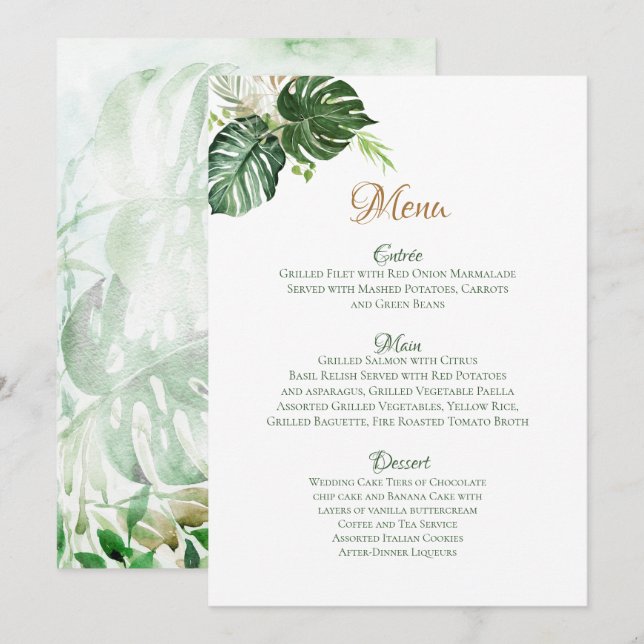 Menu Géométrique Tropical Green Palm Feuille Mariage d' (Devant / Derrière)