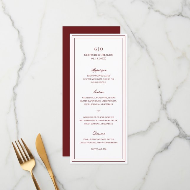 Menu Gertrude Bourgogne Vin Classique Mariage élégant (Devant/Arrière en situation)