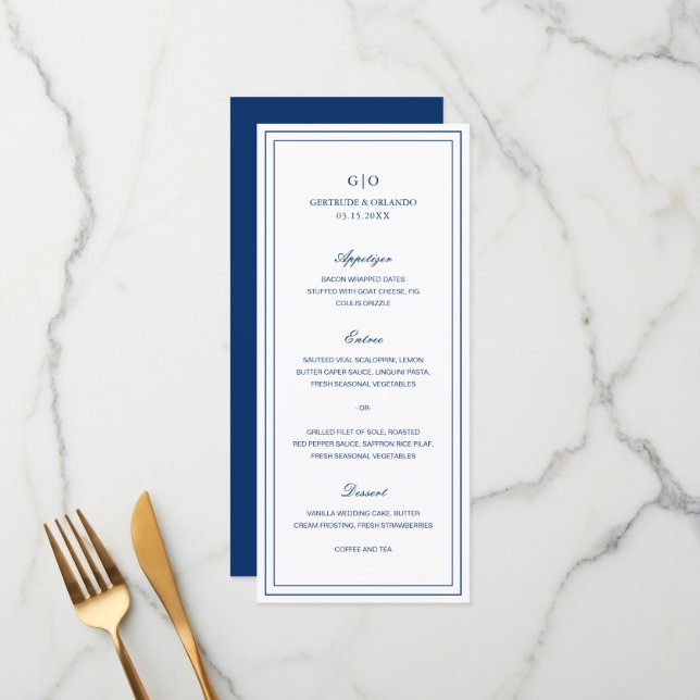 Menu Gertrude Marine Bleu Classique Mariage élégant (Devant/Arrière en situation)