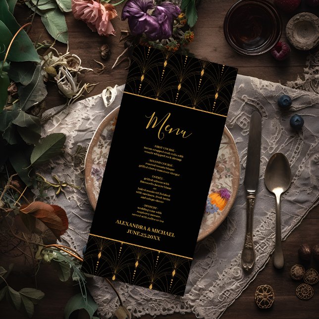 Menu Glam Art Déco Black Gatsby 1920 Style Mariage (Créateur téléchargé)