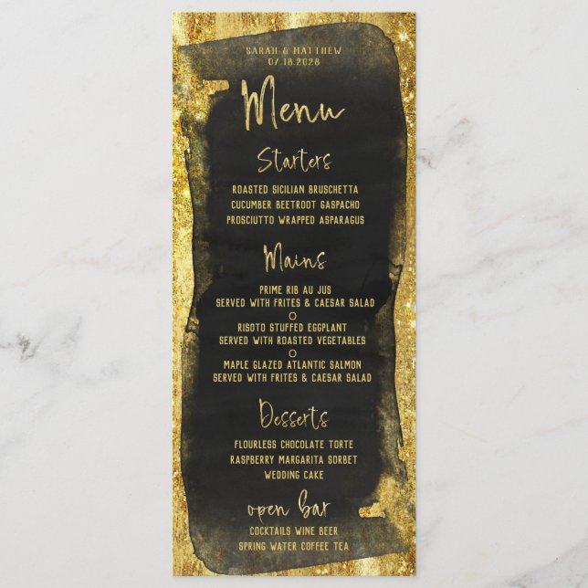 Menu Glam de calligraphie de script noir et or (Devant)