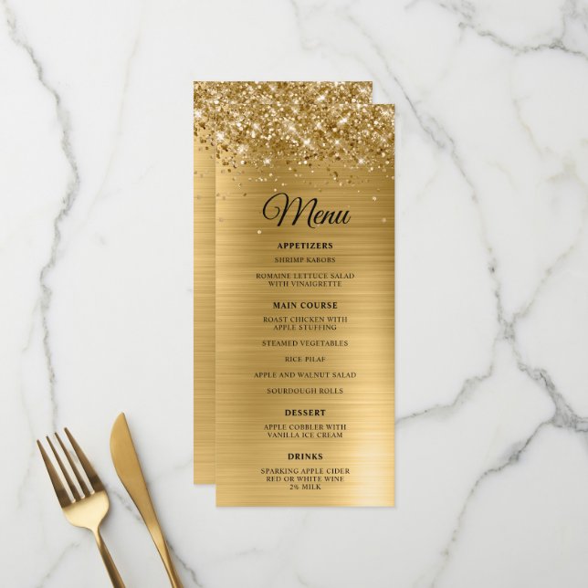 Menu Glittery Gold Foil Réception de mariage (Devant/Arrière en situation)