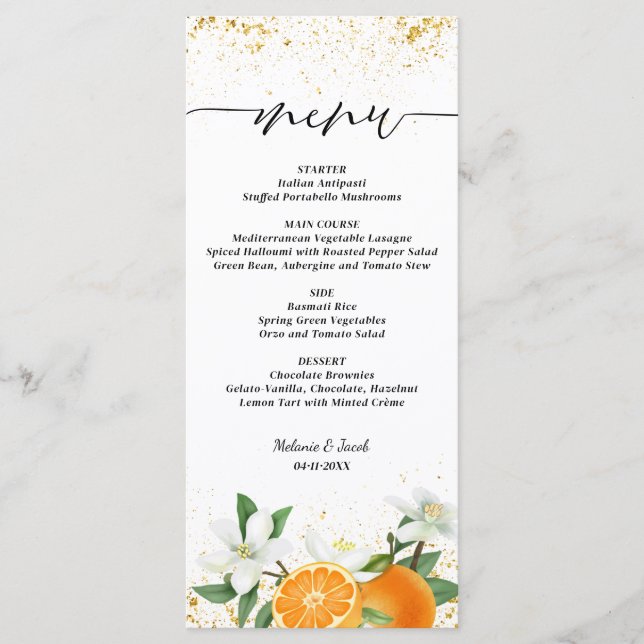 Menu Gold Citrus Orange Script Floral Wedding (Devant)