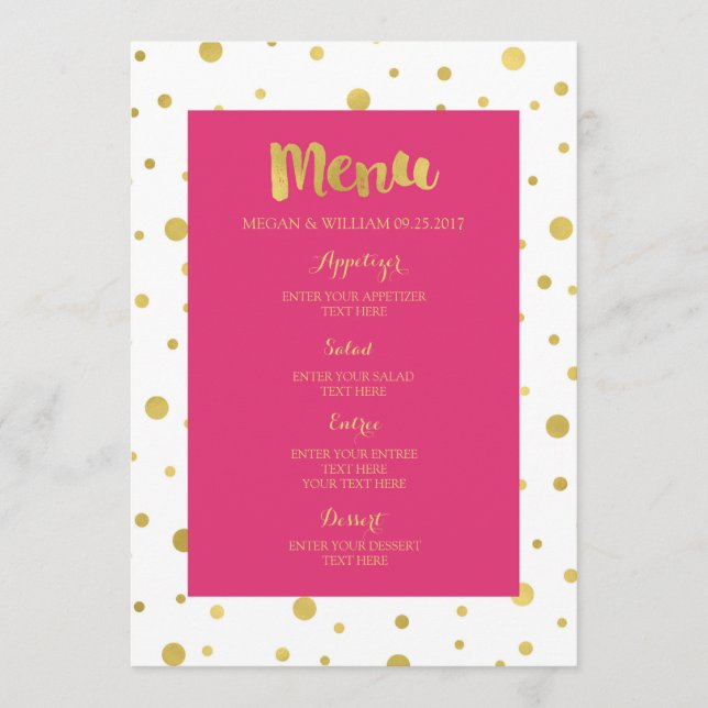 Menu Gold Confetti Fuchsia Hot Pink Mariage (Devant)