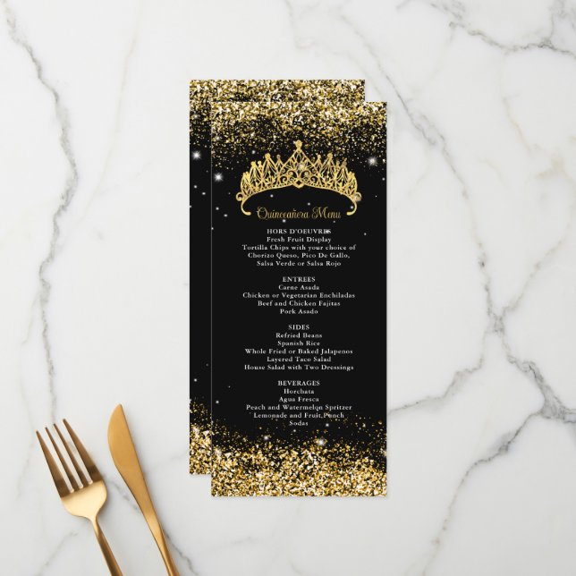 Menu Gold Confetti Quinceanera Tiara (Devant/Arrière en situation)