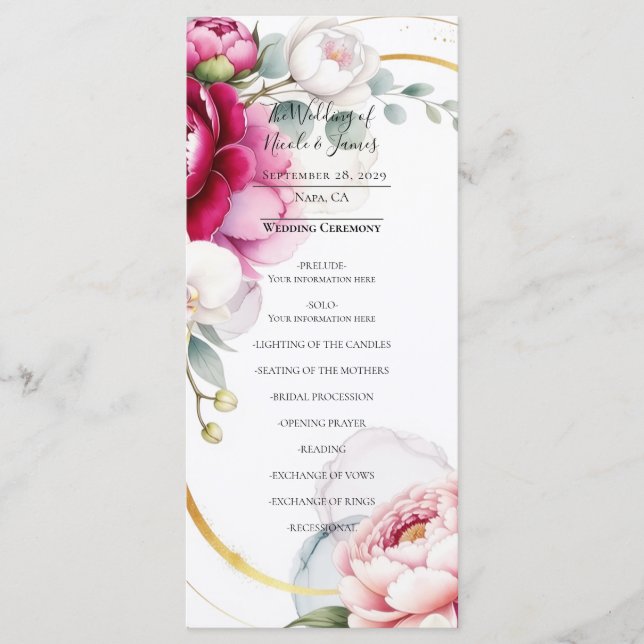 Menu Gold Halo Garden Peonies & Orchids Wedding Program (Devant)