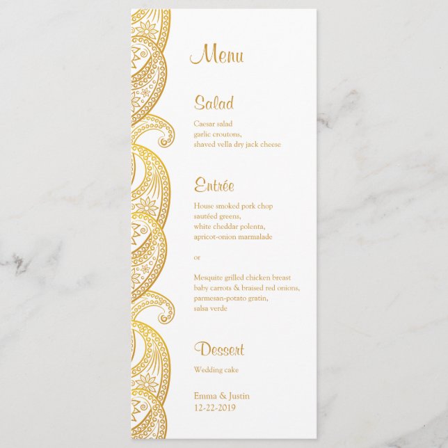 Menu Gold Paisley Mariage indien traditionnel (Devant)