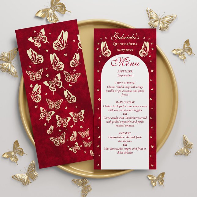Menu Gold Red Quinceanera Butterfly 15e anniversaire fê (Gold Red Quinceanera Butterfly 15th Birthday Party Menu)