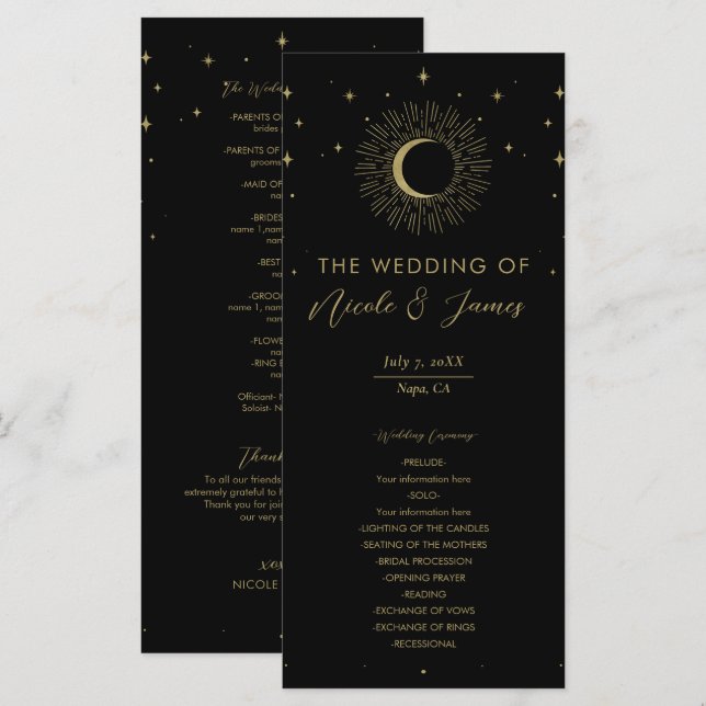 Menu Gold Stars Celestial Sunburst Moon Wedding Program (Devant / Derrière)