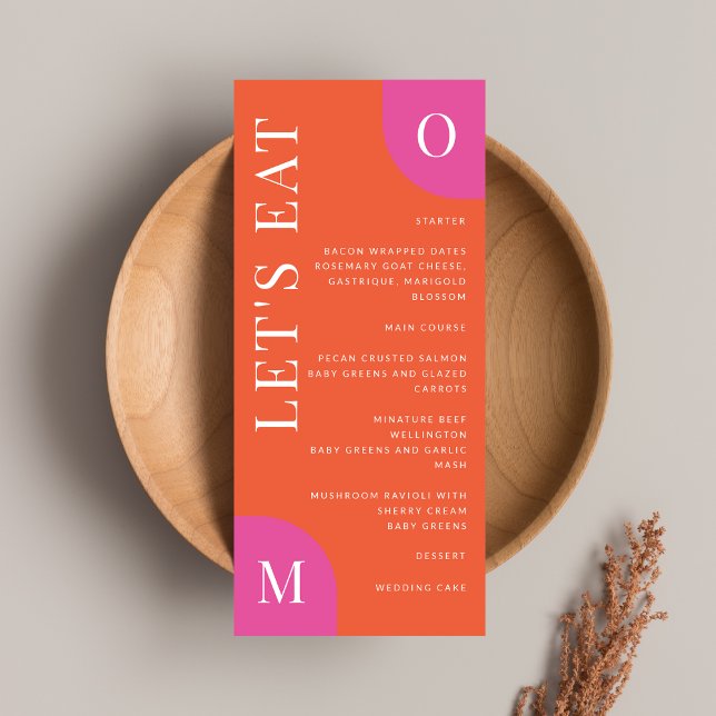 Menu Gras Mariage Orange Et Rose Coloré (This colorful menu is the perfect addition to a bright and fun wedding celebration)