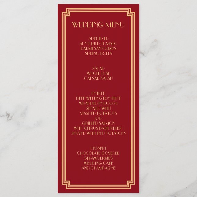 Menu Great Gatsby Art Deco Gold Red Mariage (Devant)