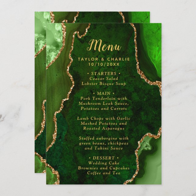 Menu Green and Gold Agate Marble Wedding (Devant / Derrière)
