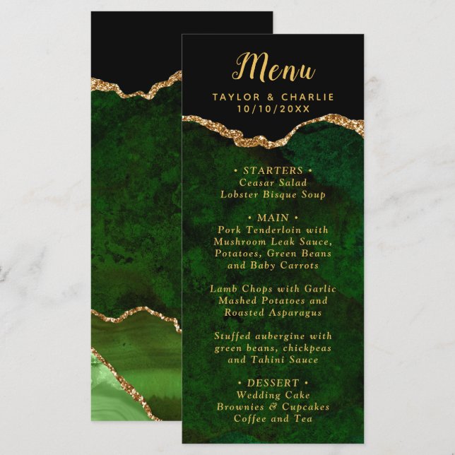 Menu Green and Gold Agate Marble Wedding (Devant / Derrière)