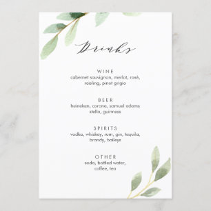 Menu Green Foliage Botanical Mariage Bar Boissons
