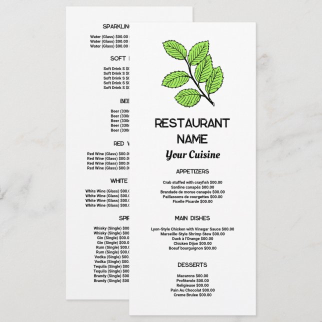 Menu Green Leaf, Restaurant Slimline (Devant / Derrière)