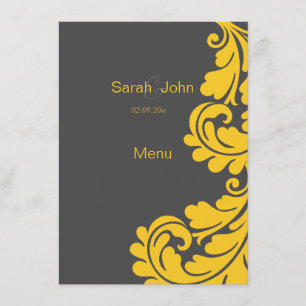 Menu gris et jaune de mariage damassé