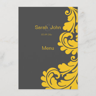 Menu gris et jaune de mariage damassé