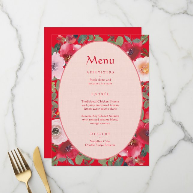 Menu Guirlande fleurie rouge Réception de mariage chino (Devant/Arrière en situation)