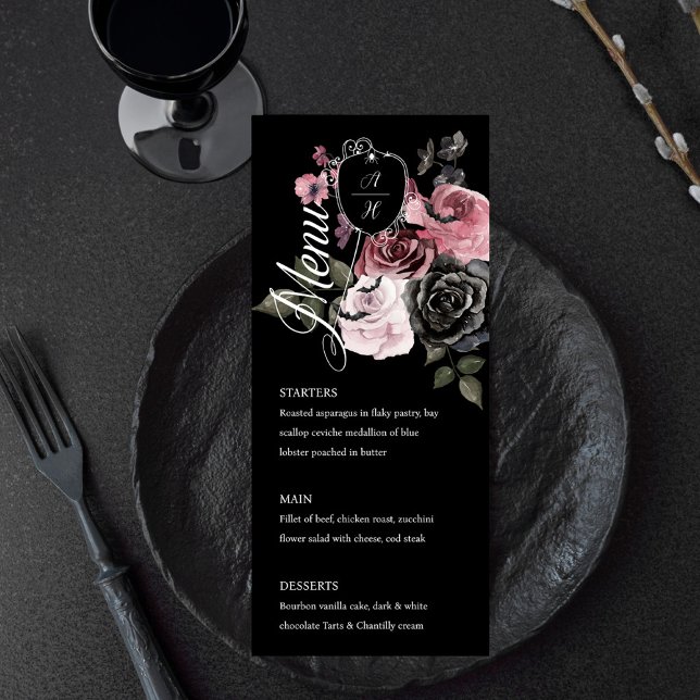 Menu Halloween gothique Aquarelle Florale Monogramme Cr (Gothic Halloween Watercolor Floral Monogram Crest Menu)