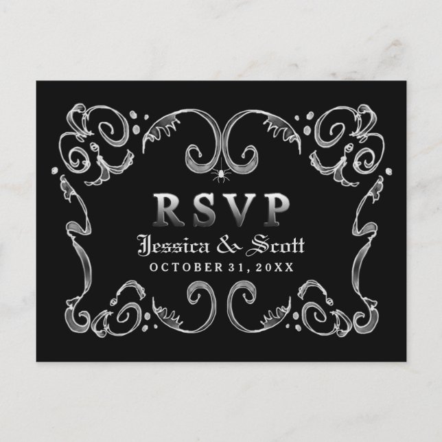 MENU Halloween noir blanc gothique Scroll RSVP (Devant)
