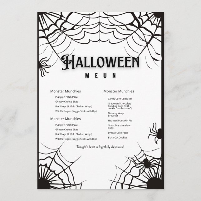 Menu Halloween Noir Et Blanc Simple (Devant)