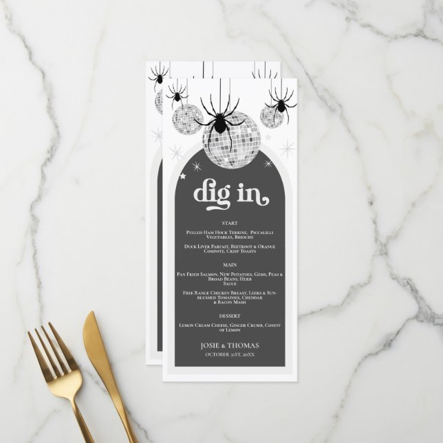 Menu Halloween Retro Disco Spiders & Disco Ball Mariage (Devant/Arrière en situation)