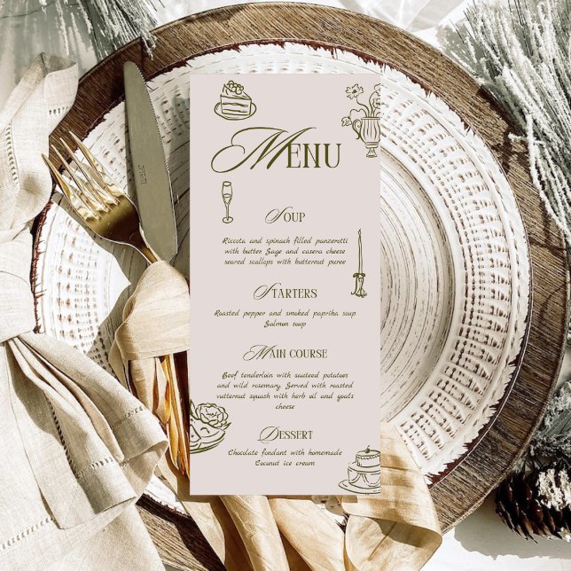 Menu Hand Drawn Green Retro Illustrated Dinner Wedding (Créateur téléchargé)