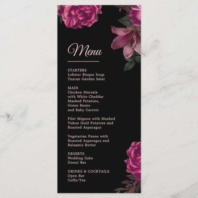 Menu Hand Drawn Roses Dark Romantic Wedding (Devant)