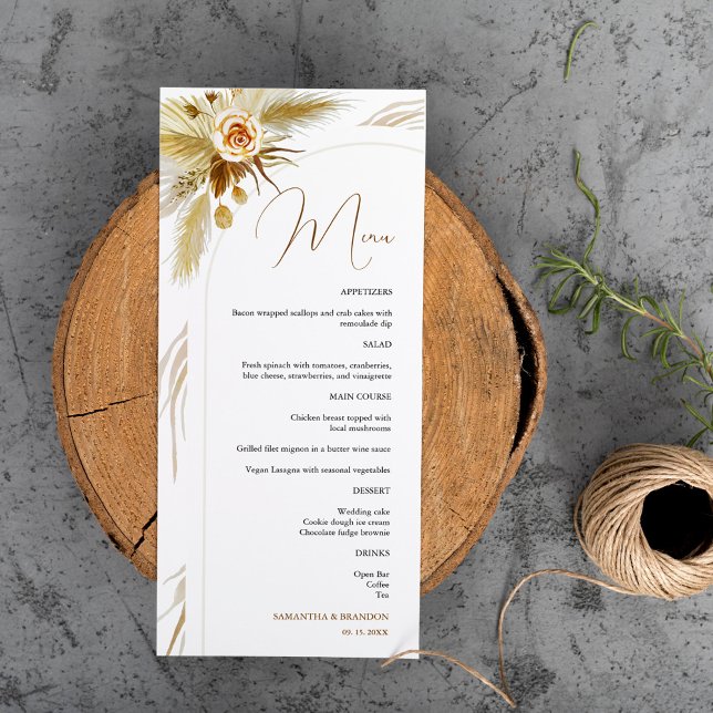 Menu Herbe de la pampa tropicale aquarelle boho mariage (Créateur téléchargé)