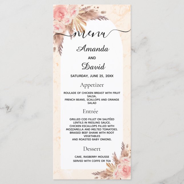 Menu Herbe de pampas de mariage rose or floral marbre (Devant)