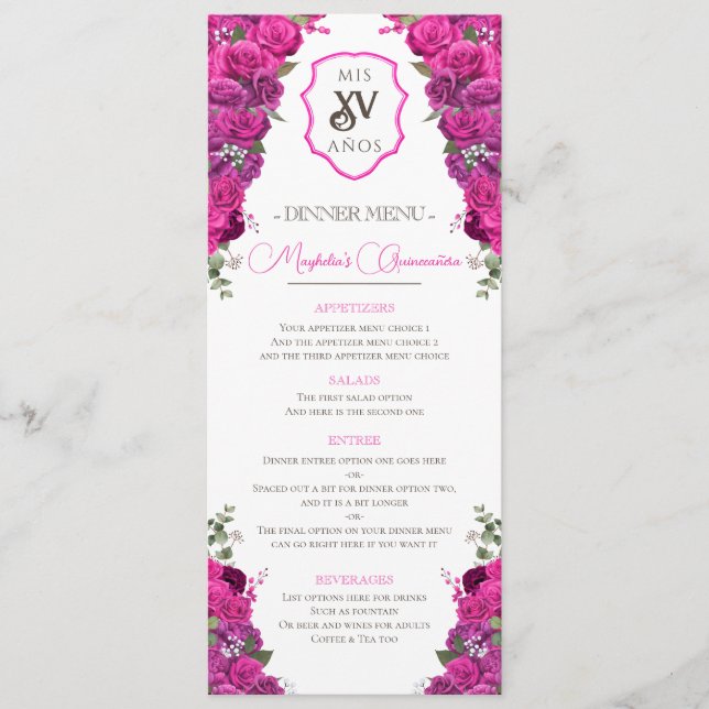 Menu Hot rose Floral Western Charro Quinceañera Party (Devant)