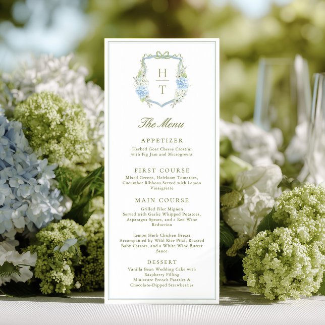 Menu Hydrangea Blue Floral Crest Wedding (Créateur téléchargé)