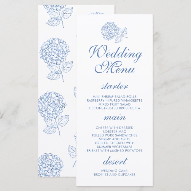 Menu Hydrangea Dusty Blue Floral Mariage moderne (Devant / Derrière)