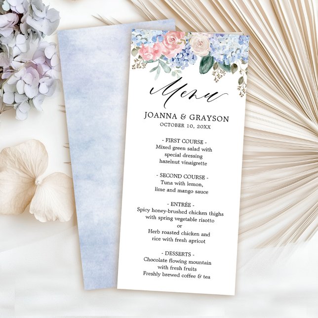 Menu Hydrangées bleu pâle rose pastel mariage (Dusty blue hydrangeas pastel pink roses wedding menu)