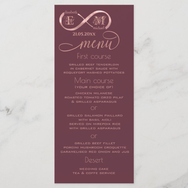 Menu Infinity rose or romantique monogramme calligraphi (Devant)