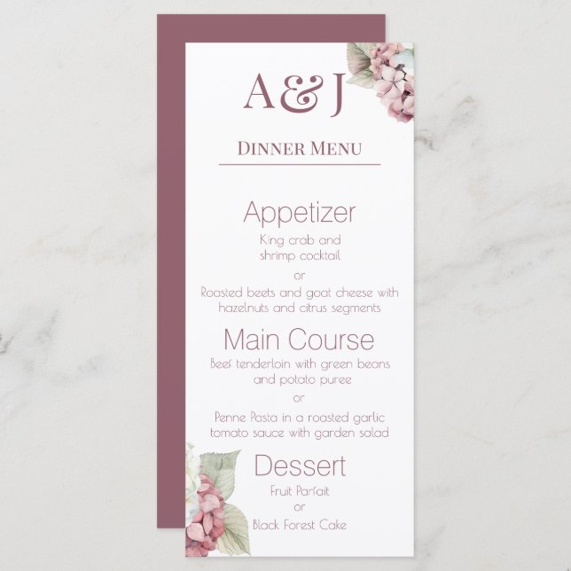 Menu Initiales de monogramme Fleurs d'hortensia rose et (Devant / Derrière)