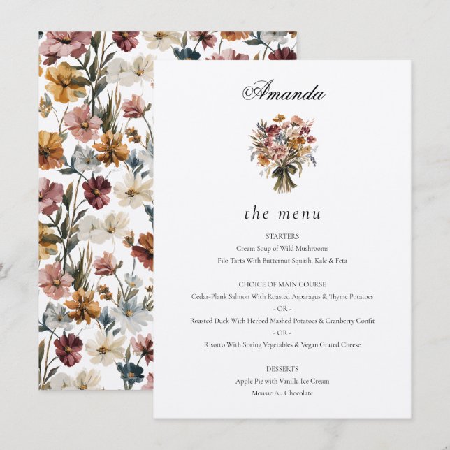 Menu Invité personnalisé Nom d'automne Fleurs Mariage (Devant / Derrière)