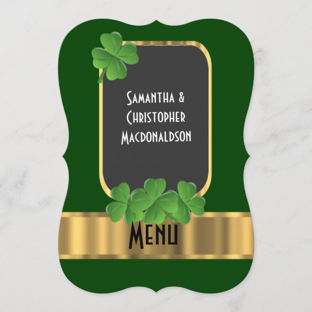 Menu irlandais de mariage de vert, d'or et de (Devant)