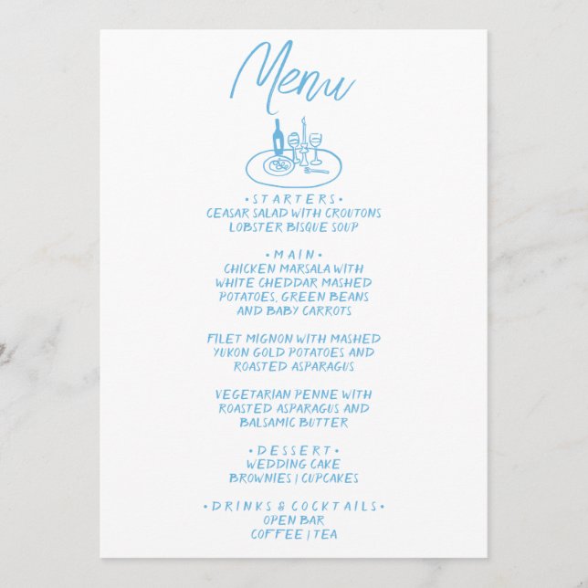 Menu Italie Bleu manuscrit dessiné Mariage méditerranée (Devant)