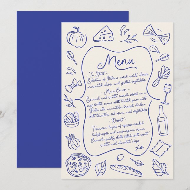 Menu Italien Dessiné à la main Bleu et Crème (Devant / Derrière)